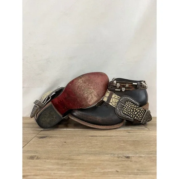 Old Gringo Women Brown Distressed Leather Studded Buckle Ankle Boots 4615 - Picture 8 of 10